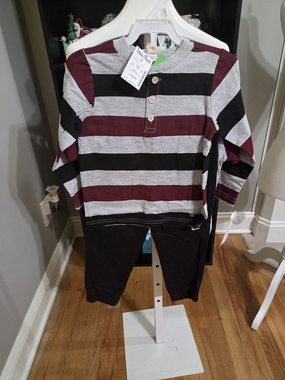 Tahari Maroon, Black & Gray Striped Henley Set